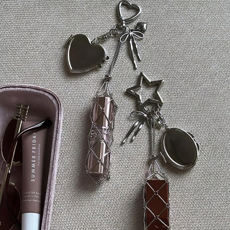 Lipstick Holder Keychain with Mirror & Bling Charms