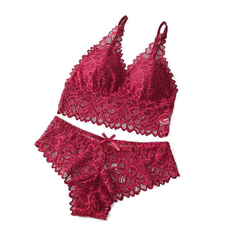 Women's Contrast Lace Wireless Bra & Bow Decor Panty Set