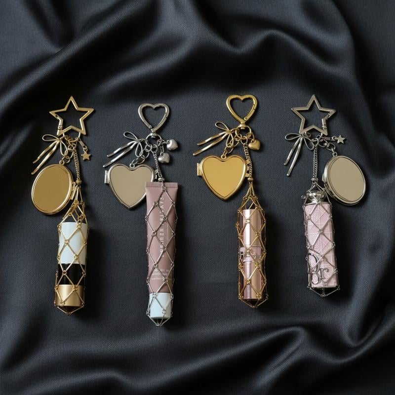 Lipstick Holder Keychain with Mirror & Bling Charms