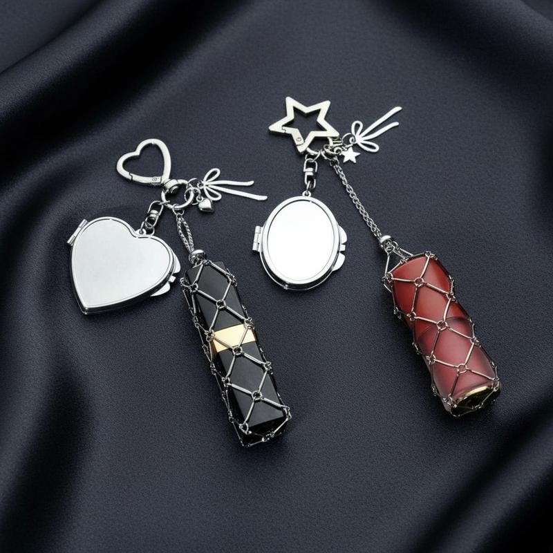 Lipstick Holder Keychain with Mirror & Bling Charms