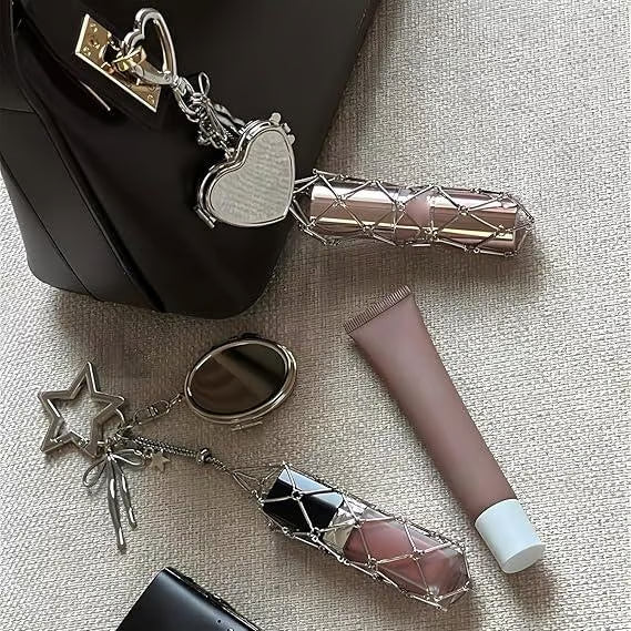 Lipstick Holder Keychain with Mirror & Bling Charms