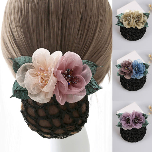 Elegant Women Hair Net Ribbon Flowers Beads Bun Net Hairgrip
